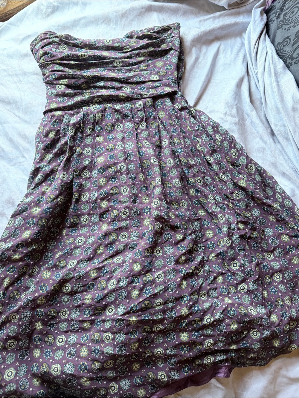 Archival bestiary Salvatore Ferragamo Strapless Purple Medallion Dress silk